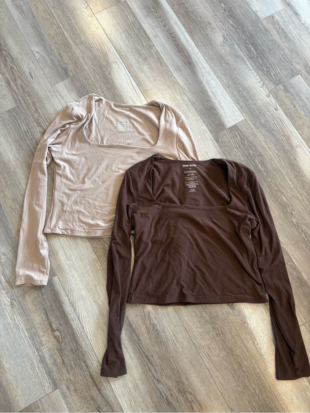 PINK ROSE Square Neck Long Sleeve Top Duo - Beige and Brown